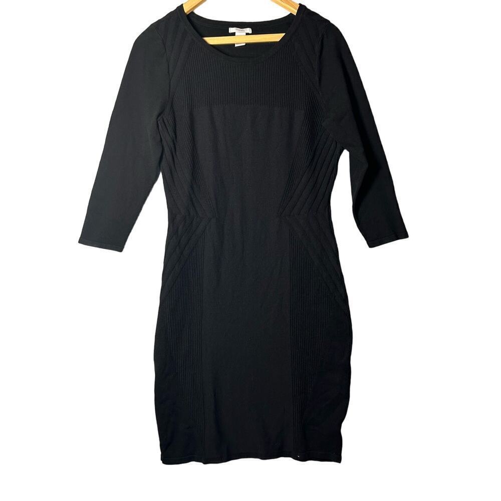 H&M Dress Womens Large Black 3/4 Sleeve Fitted Knit Sweater Bodycon Stretch